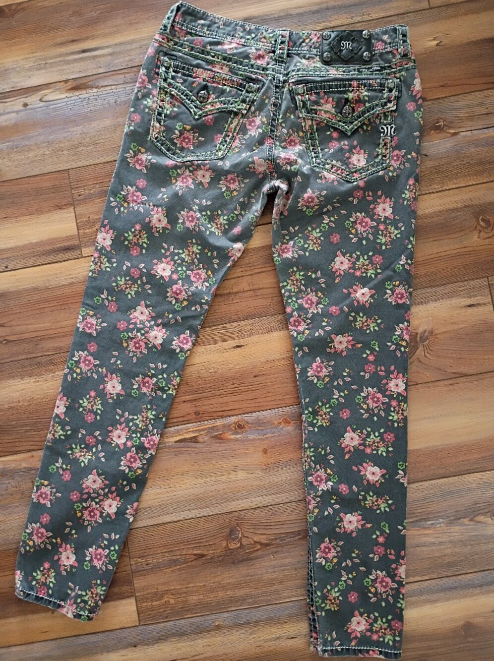Miss Me Green Skinny Jeans with Pink Floral Print - Picture 5 of 7